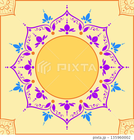 Indian flower rangoli mandala art with luxury colorful circle frame border, vector illustration yellow background Indian flower rangoli mandala art with luxury colorful circle frame border, vector illustration yellow background 135960002