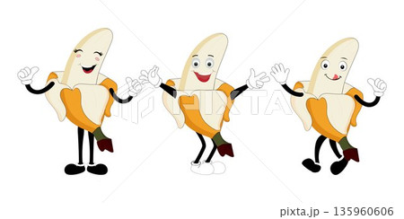 Banana Set funny cartoon trendy style fruit character. Ripe banana and banana peel in flat style. Doodle comic illustration dancing banana Banana Set funny cartoon trendy style fruit character. Ripe banana and banana peel in flat style. Doodle comic illustration dancing banana 135960606