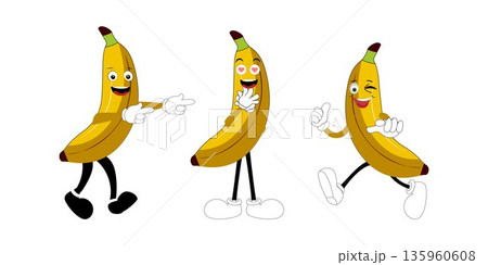 Banana Set funny cartoon trendy style fruit character. Ripe banana and banana peel in flat style. Doodle comic illustration dancing banana Banana Set funny cartoon trendy style fruit character. Ripe banana and banana peel in flat style. Doodle comic illustration dancing banana 135960608
