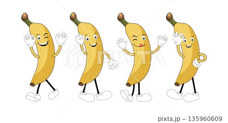 Banana Set funny cartoon trendy style fruit character. Ripe banana and banana peel in flat style. Doodle comic illustration dancing banana Banana Set funny cartoon trendy style fruit character. Ripe banana and banana peel in flat style. Doodle comic illustration dancing banana 135960609