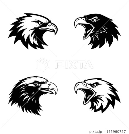 Set of bold black vector eagle head mascot, a wild symbol of freedom , A silhouette Eagle Heads vector illustration Set of bold black vector eagle head mascot, a wild symbol of freedom , A silhouette Eagle Heads vector illustration 135960727
