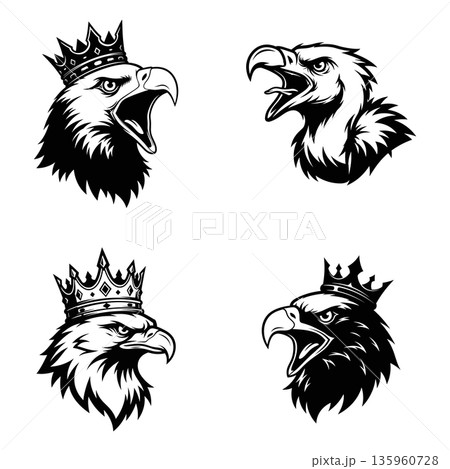 Set of bold black vector eagle head mascot wearing crown. A silhouette Eagle Heads vector illustration Set of bold black vector eagle head mascot wearing crown. A silhouette Eagle Heads vector illustration 135960728