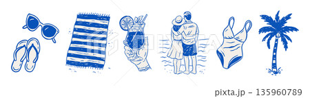 Summer Sea Vacation Beach Set Flip Flops Sunglasses Cocktail Couple Swimwear Palm Tree Doodle Sketch Vector Collection Summer Sea Vacation Beach Set Flip Flops Sunglasses Cocktail Couple Swimwear Palm Tree Doodle Sketch Vector Collection 135960789