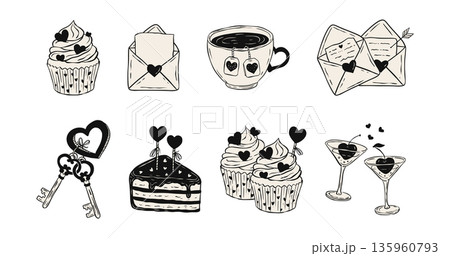 Valentine Doodle Sketch Vector Set Cupcakes, Letters, Keys, Romantic Cupcake Drink Cocktail 135960793