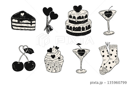 Valentines Day Love Doodle Ink Sketch Set Cake, Heart, Cherry, Cocktail Drink, Cupcake, Socks Romantic Hand-Drawn Vector Collection 135960799