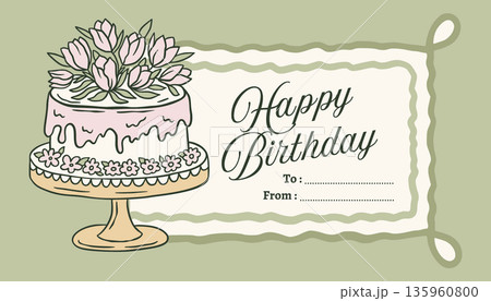 Coquette Doodle Birthday Tag With Floral Cake And Tulips For Printable Gift Label Or Card Design 135960800
