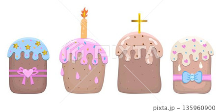 Easter cakes with sugar glaze, vector color set. Kulichi with cream, whimsical illustrations. Festive yeast pies with sprinkles and icing running down, paska pastry pictograms 135960900