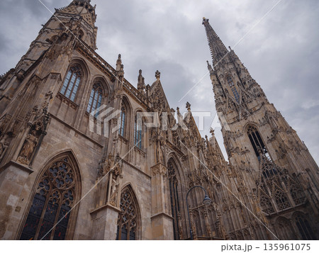 Summer view of Vienna Stephansplatz with iconic cathedral and surrounding old town streets, historic architecture, lively city atmosphere, European travel destination, cultural urban scene. Summer view of Vienna Stephansplatz with iconic cathedral and surrounding old town streets, historic architecture, lively city atmosphere, European travel destination, cultural urban scene. 135961075