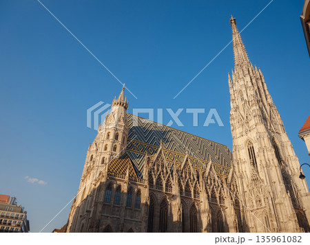 Summer view of Vienna Stephansplatz with iconic cathedral and surrounding old town streets, historic architecture, lively city atmosphere, European travel destination, cultural urban scene. Summer view of Vienna Stephansplatz with iconic cathedral and surrounding old town streets, historic architecture, lively city atmosphere, European travel destination, cultural urban scene. 135961082