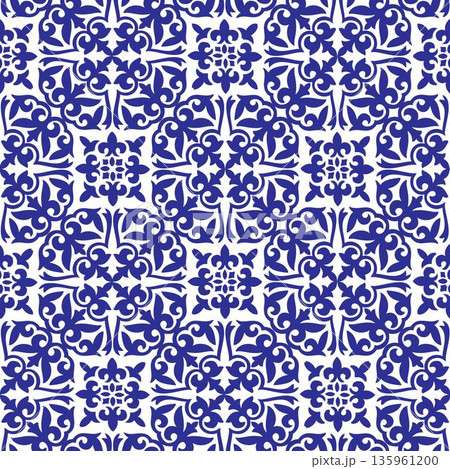 Seamless pattern in traditional style Portuguese tiles azulejo. Cerulean ethnic background. Geometric Moroccan Seamless Pattern. Moroccan azulejo, majolica tile,Talavera, Damask, Mediterranean ceramic 135961200