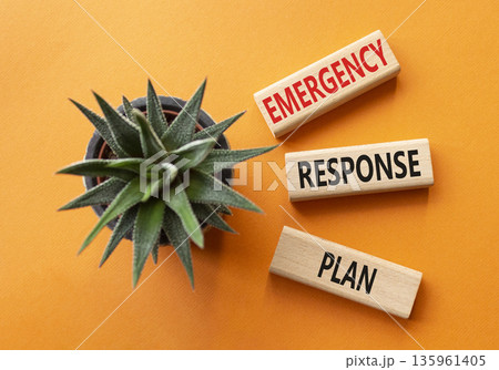 Emergency Response Plan symbol. Concept words Emergency Response Plan on wooden blocks. Businessman hand. Beautiful orange background with succulent. Business and Emergency Response Plan concept. Copy 135961405