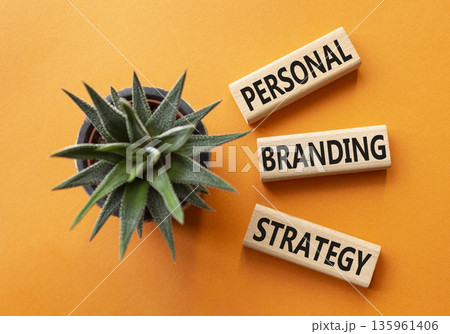 Personal Branding Strategy symbol. Wooden blocks with words Personal Branding Strategy. Beautiful orange background with succulent plant. Business concept. Copy space. 135961406