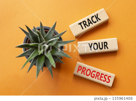 Progress symbol. Wooden blocks with words Track Your Progress. Beautiful orange background with succulent. Business and Track Your Progress concept. Copy space. 135961408