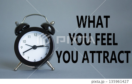 What you Feel you Attract you symbol. Wooden blocks with words What you Feel you Attract. Beautiful grey background with alarm clock. Business and What you Feel you Attract concept. Copy space. 135961427