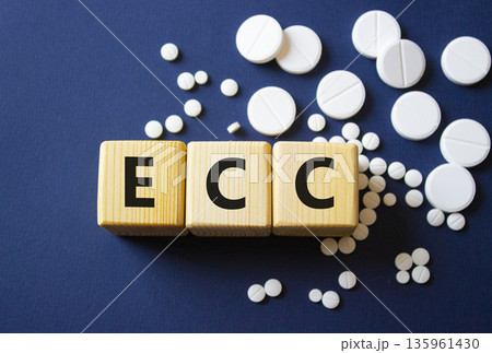 ECC symbol. Wooden cubes with words ECC Emergency Cardiovascular Care. Beautiful deep blue background. Healthcare and Emergency Cardiovascular Care concept. Copy space. ECC symbol. Wooden cubes with words ECC Emergency Cardiovascular Care. Beautiful deep blue background. Healthcare and Emergency Cardiovascular Care concept. Copy space. 135961430
