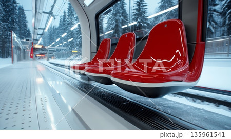 Modern red train seats inside a sleek, contemporary train carriage with large windows 135961541