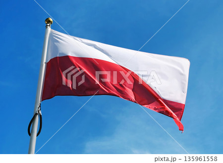 National Flag Of Poland Waving Against The Sky Background National Flag Of Poland Waving Against The Sky Background 135961558