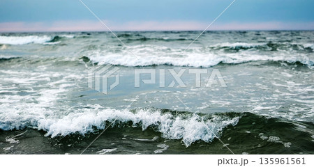 Amazing Running Waves On Sea Water At Cloudy Dusk 135961561