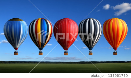 Five colorful hot air balloons float across a clear blue sky over a green field 135961750