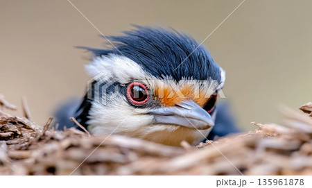 Close-up of a colorful bird peeking out from a nest with a blurred natural background 135961878