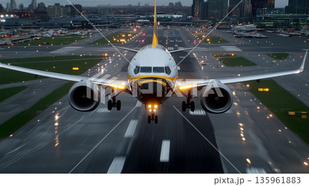 Commercial airplane landing on runway with city skyline in background 135961883