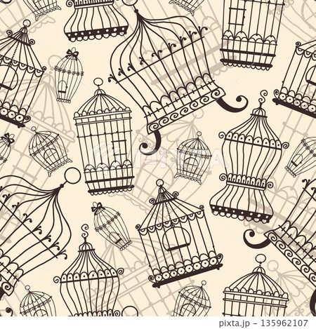 Black metal openwork cages for keeping birds seamless pattern. Vintage birdcages. Birdie perches. Pets homes. Repeated print. Silhouette houses for parrots and canaries. Vector background 135962107