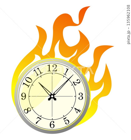 Clock face with hands in tongues of flame. Watch dial. Chronometer hours countdown. Blazing stopwatch. Limited minutes. Seconds measurement. Vector concept of burning time and deadlines Clock face with hands in tongues of flame. Watch dial. Chronometer hours countdown. Blazing stopwatch. Limited minutes. Seconds measurement. Vector concept of burning time and deadlines 135962108