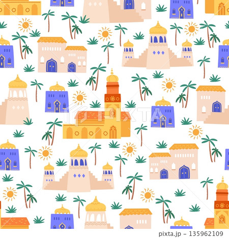Collection of colorful oriental buildings and mosques surrounded by palms seamless pattern. Islamic homes. Repeated print. Traditional Arabic architecture. Minaret tower. Vector background 135962109