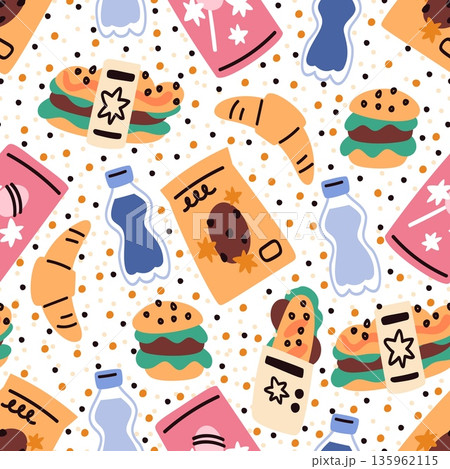 Fast food seamless pattern. Sweets in bright packaging. Water in plastic bottles. Repeated print. Burger and croissant. Cookies wrapper. Vending snacks. Lunch fastfood. Vector background 135962115