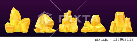 Golden sparkling nuggets. Shiny gold ore. Treasure jewel isolated rock. Goldmine heap. Geological natural wealth. Mining rich objects. Vector set of precious stones on dark background Golden sparkling nuggets. Shiny gold ore. Treasure jewel isolated rock. Goldmine heap. Geological natural wealth. Mining rich objects. Vector set of precious stones on dark background 135962118