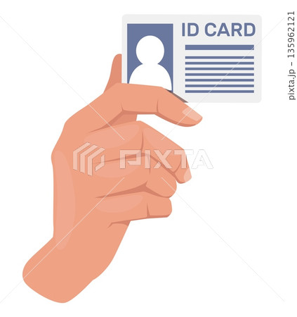 Hand holds ID plastic card with photo and personal details. Driver identity license. Access identification. Show gesture. Security authentication. Citizenship document. Vector concept Hand holds ID plastic card with photo and personal details. Driver identity license. Access identification. Show gesture. Security authentication. Citizenship document. Vector concept 135962121