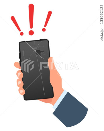 Hand holds smartphone with smashed black screen. Exclamation mark indicating that gadget is broken or malfunctioning. Cracked phone touchscreen. Electronic device damage. Vector concept Hand holds smartphone with smashed black screen. Exclamation mark indicating that gadget is broken or malfunctioning. Cracked phone touchscreen. Electronic device damage. Vector concept 135962122