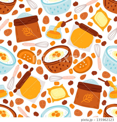 Ingredients for baking cakes and cookies seamless pattern. Products for cooking. Flour bag. Eggs whisk. Dough roll. Muffin culinary recipe with butter. Nuts and honey. Vector background 135962123