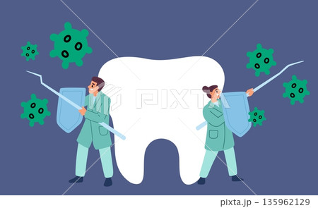 Male and female dentists protect teeth from bacteria and germs. Doctors with spears and shields. Protection from caries. Big molar. Oral hygiene and care. Vector concept of dental health 135962129