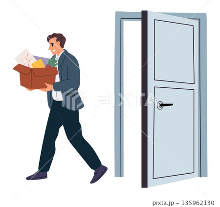 Male employee fired from company. Depressed businessman carrying cardboard box with belongings leaving office workplace. Sad unemployed man. Dismissal worker. Loss job. Vector concept 135962130