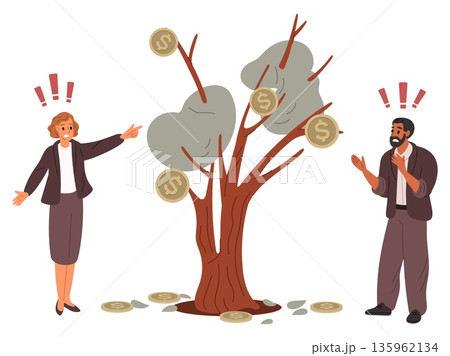 Man and woman upset about dying money tree. Economic downturn or crisis. Financial investment failure. Currency inflation. Frustrated businessman panic. Vector concept of loss of income 135962134