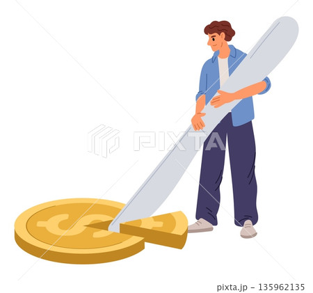 Man cuts gold dollar coin with knife. Income reduction. Economic crisis. Financial recession. Money inflation. Currency capital divide. Finance crisis. Expense decrease. Vector concept 135962135