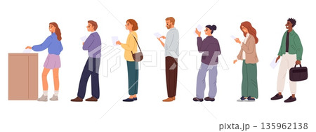Men and women stand in line to vote in election. People cast their ballots into voting box. Voters waiting queue. Democracy presidential questionnaire. Public referendum. Vector concept Men and women stand in line to vote in election. People cast their ballots into voting box. Voters waiting queue. Democracy presidential questionnaire. Public referendum. Vector concept 135962138