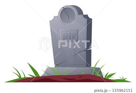 Old stone cemetery monument. Gravestone overgrown with grass. Halloween graveyard. Mystery crypt. Tombstone obelisk with crack fissures. Isolated burial headstone. Vector gothic memorial 135962151