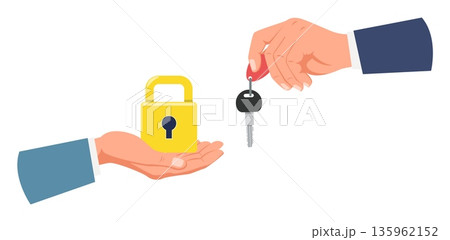 One hand holds lock and other key. Opening up new possibilities. Data encryption password. Arm gives latchkey. Padlock keyhole. Access authentication. Vector concept of solving problem. One hand holds lock and other key. Opening up new possibilities. Data encryption password. Arm gives latchkey. Padlock keyhole. Access authentication. Vector concept of solving problem. 135962152