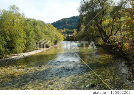 Peaceful Alpine Autumn Scenery with Forest and River 135962205