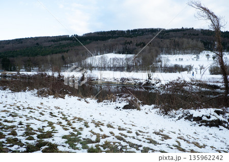 Scenic winter landscape with river and dry bushes 135962242