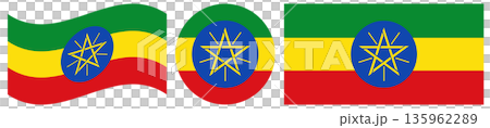 The flag of Ethiopia set. Round flag of Ethiopia icon. Standard color and size. Rectangular flag of Ethiopia isolated. Waving flag of Ethiopia. 135962289