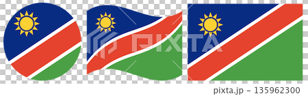 Namibian flags set isolated. Flag of Namibia. Round flag of Namibia in circle. Waving flag of Namibia. 135962300