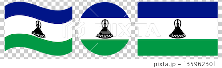 Collection of Lesotho flag. Round Lesotho flag in circle shape. Waving flag of Lesotho. Rectangular flag of Lesotho. 135962301