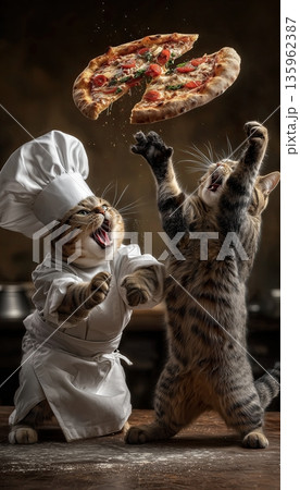 Two clumsy Italian cats chef trying to toss pizza one each other Two clumsy Italian cats chef trying to toss pizza one each other 135962387