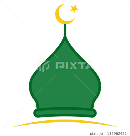 Green mosque dome with yellow crescent star symbolizing Islamic faith 135962421