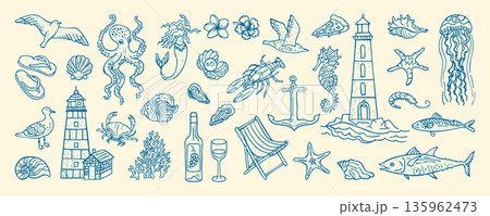 Hand Drawn Coastal Living Illustration Ink Grunge Sketch Mediterranean Travel Grungy Textured Doodle 135962473