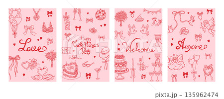 Set Holiday Romantic Cards Sketch Doodle Whimsical Wedding Valentines Day Cowgirl Bachelorette Party 135962474