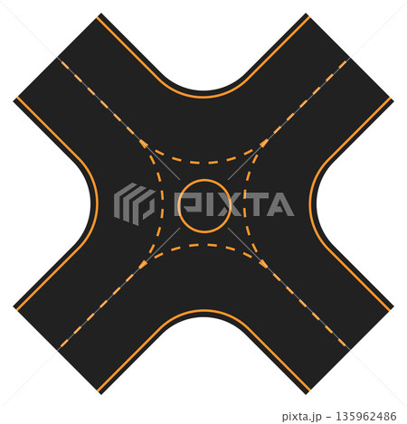 Stylized vector illustration of a four way crossroads with orange lane markers, symbolizing choices and directions in transportation, Road 135962486